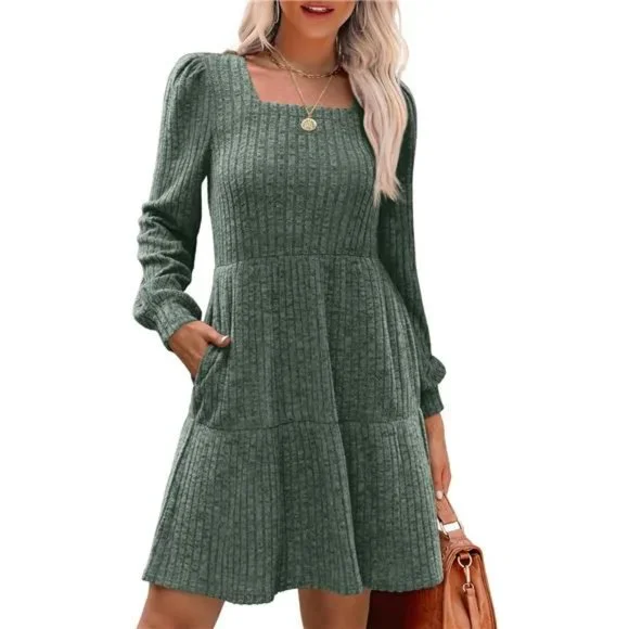 chinese dress ladies Dreaming in Denim Long-Sleeve Babydoll Mini Dress, Denim Blue / S